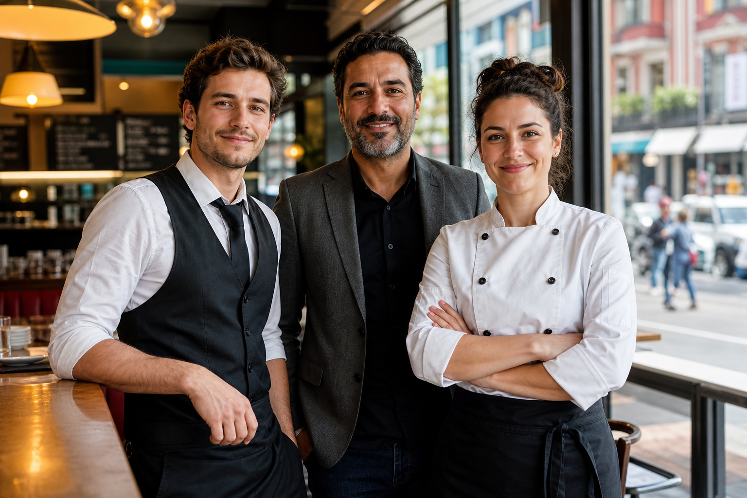 Diner and Chef in Urban Restaurant Window