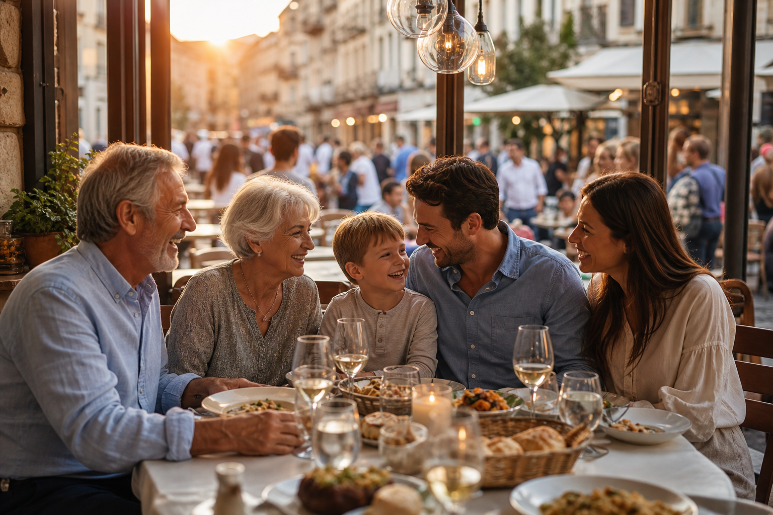 Three Generations Dining in Vibrant European Restaurant