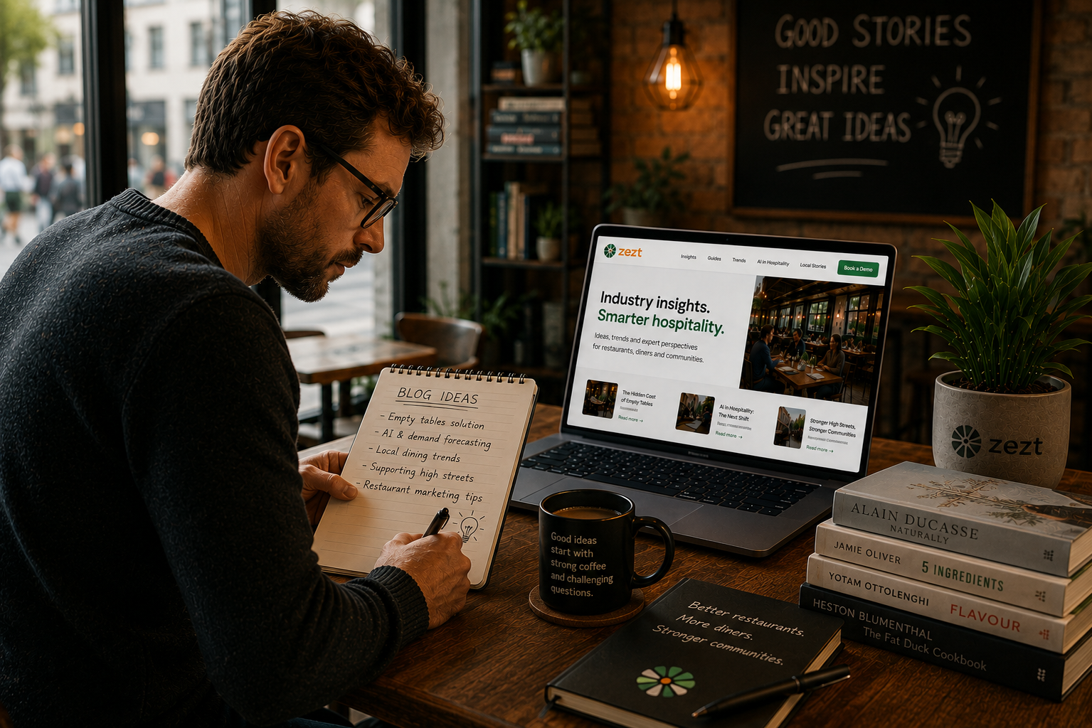 Blog insights at desk with chef books
