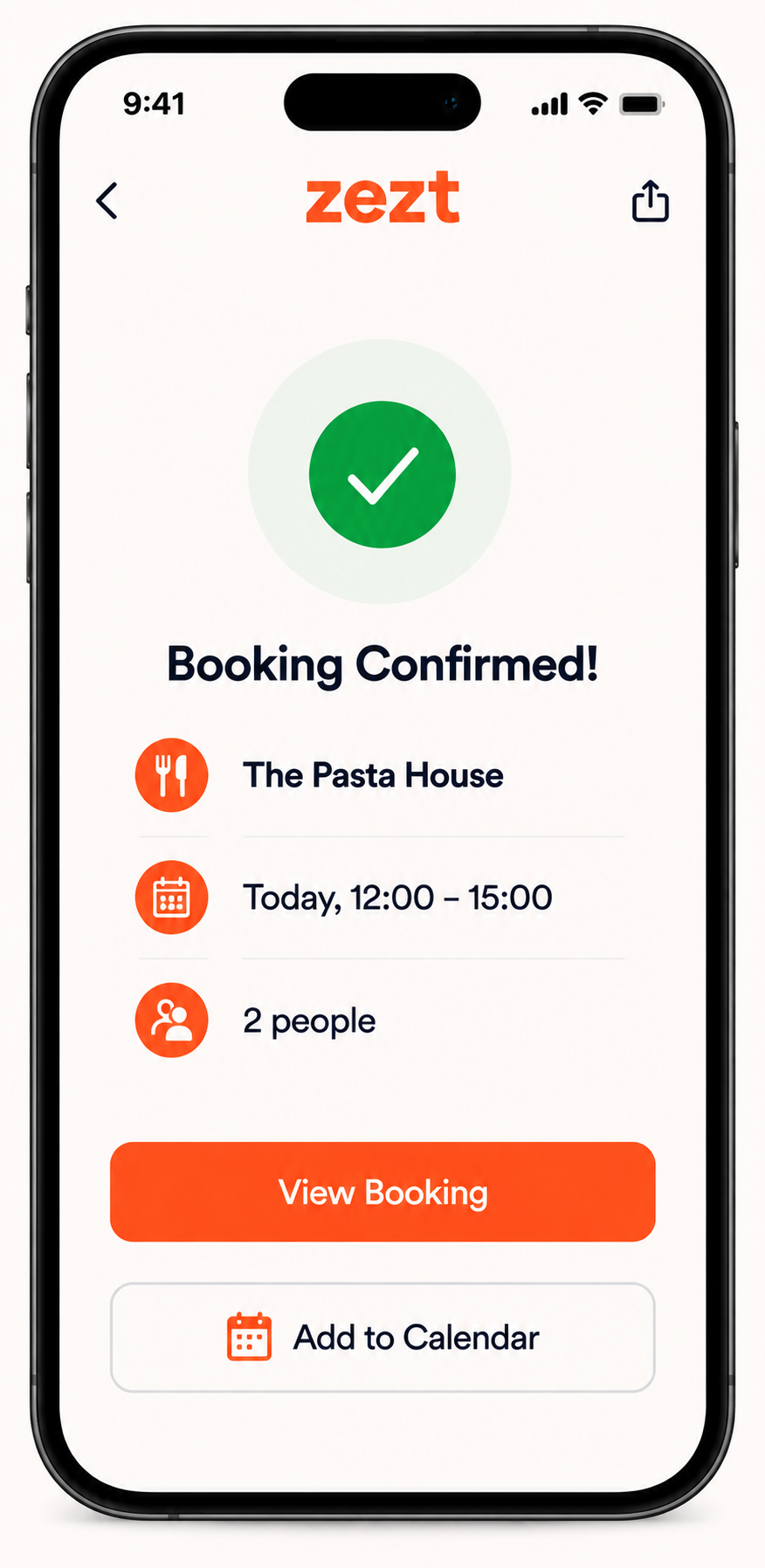 Booking confirmation screen on app