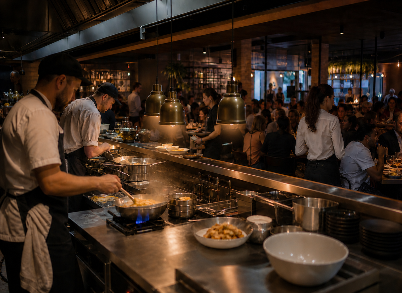 Kitchen galley facing diners as chefs cook (1)