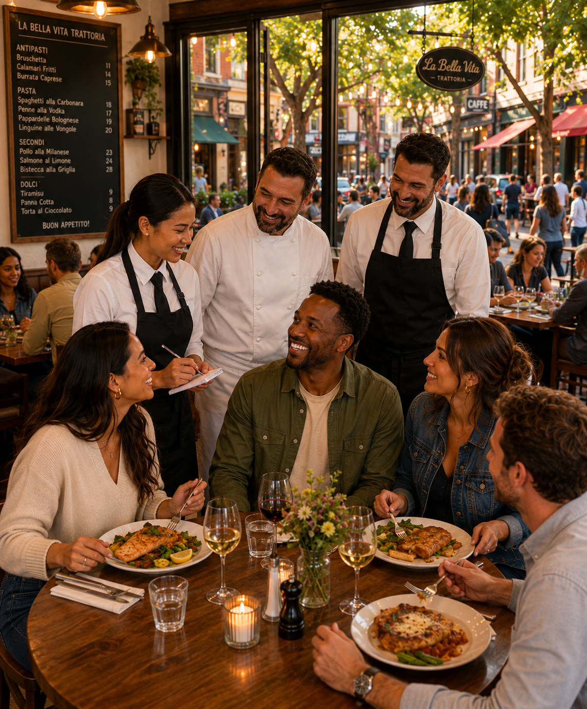Diners, chef, waiting staff Diners, chef, waiting staff