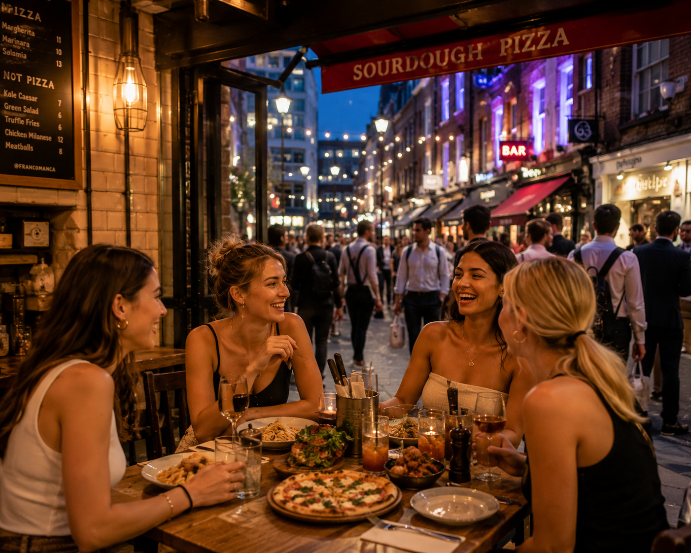 Four young women enjoying pizza after work