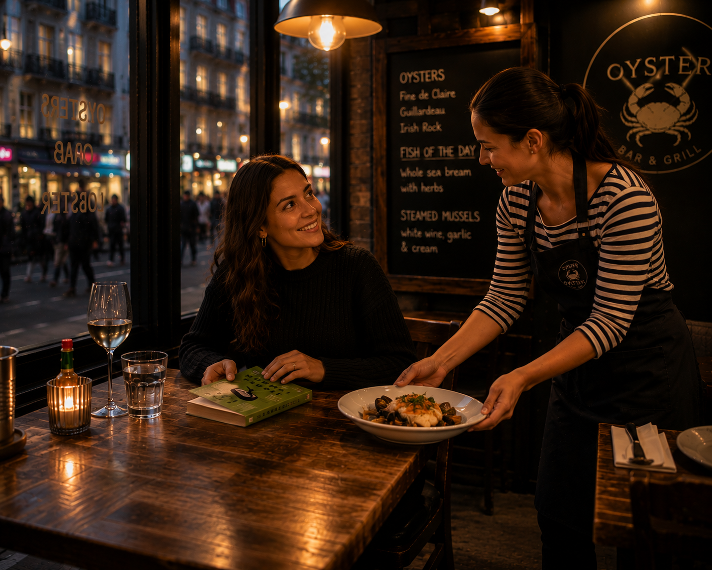 Solo female diner in seafood place