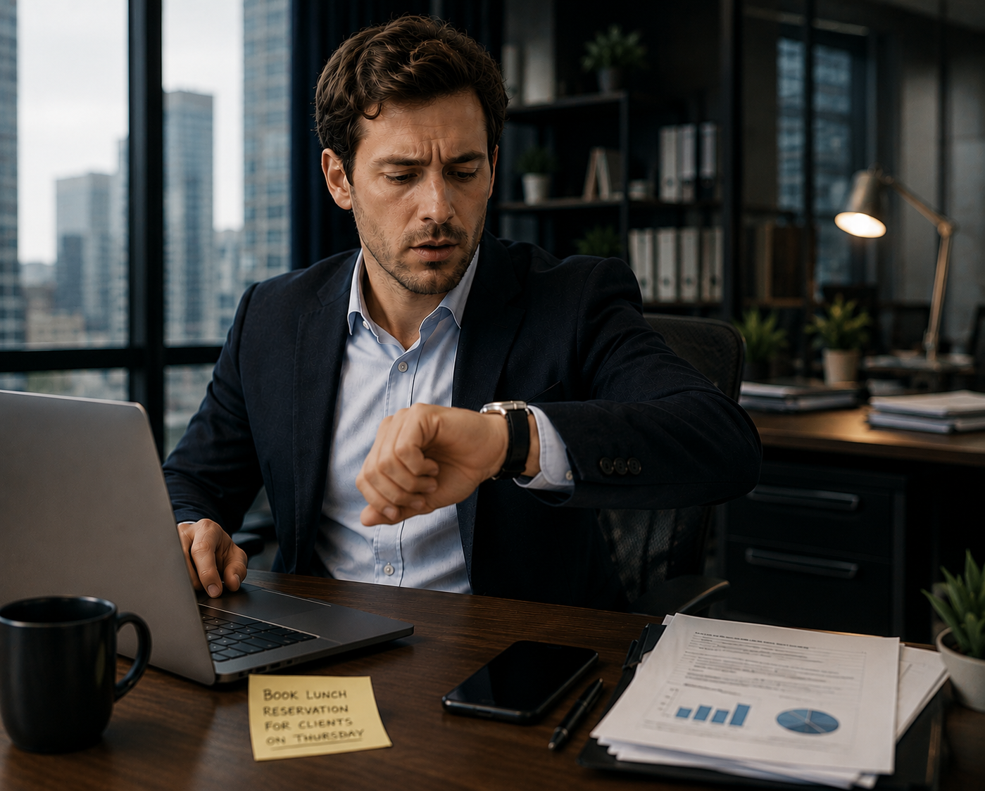 Time pressed office worker needs to book lunch