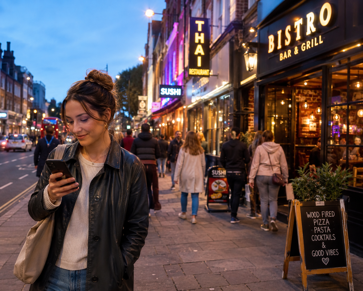 Young woman searching for dining venues