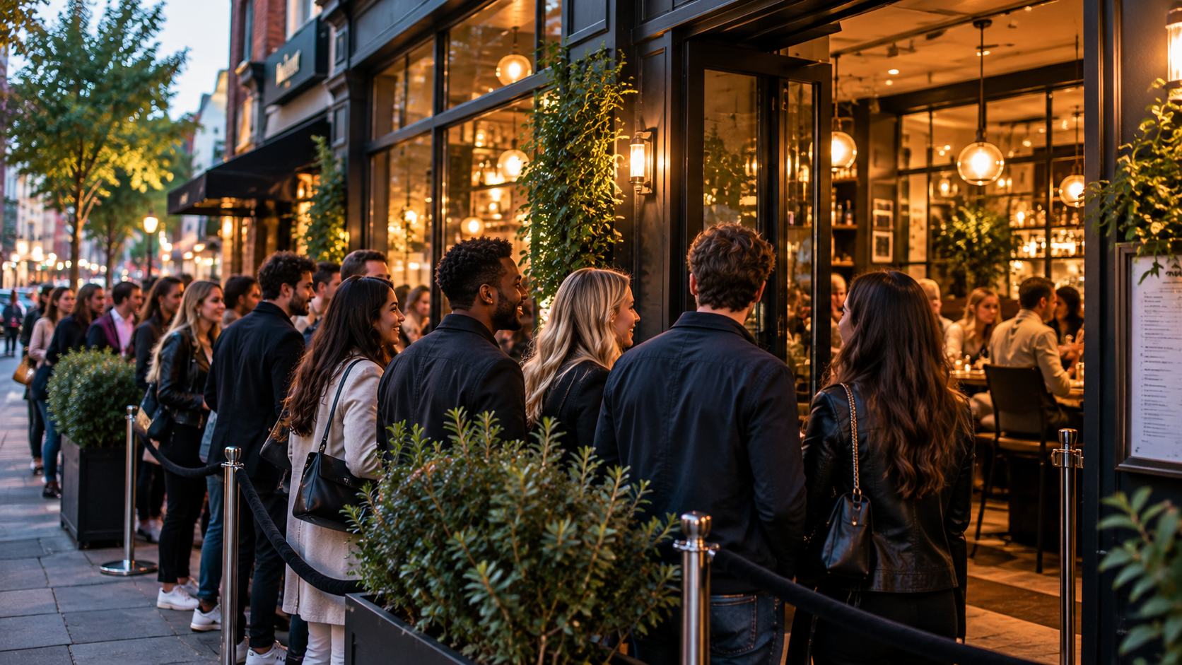 Diners queue outside a busy restaurant during the evening